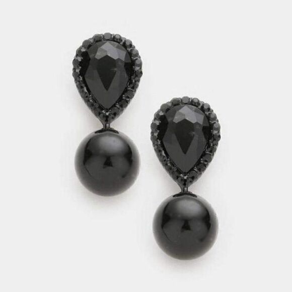 5/$25 Black Crystal Teardrop & Pearl Earrings - Picture 5 of 7